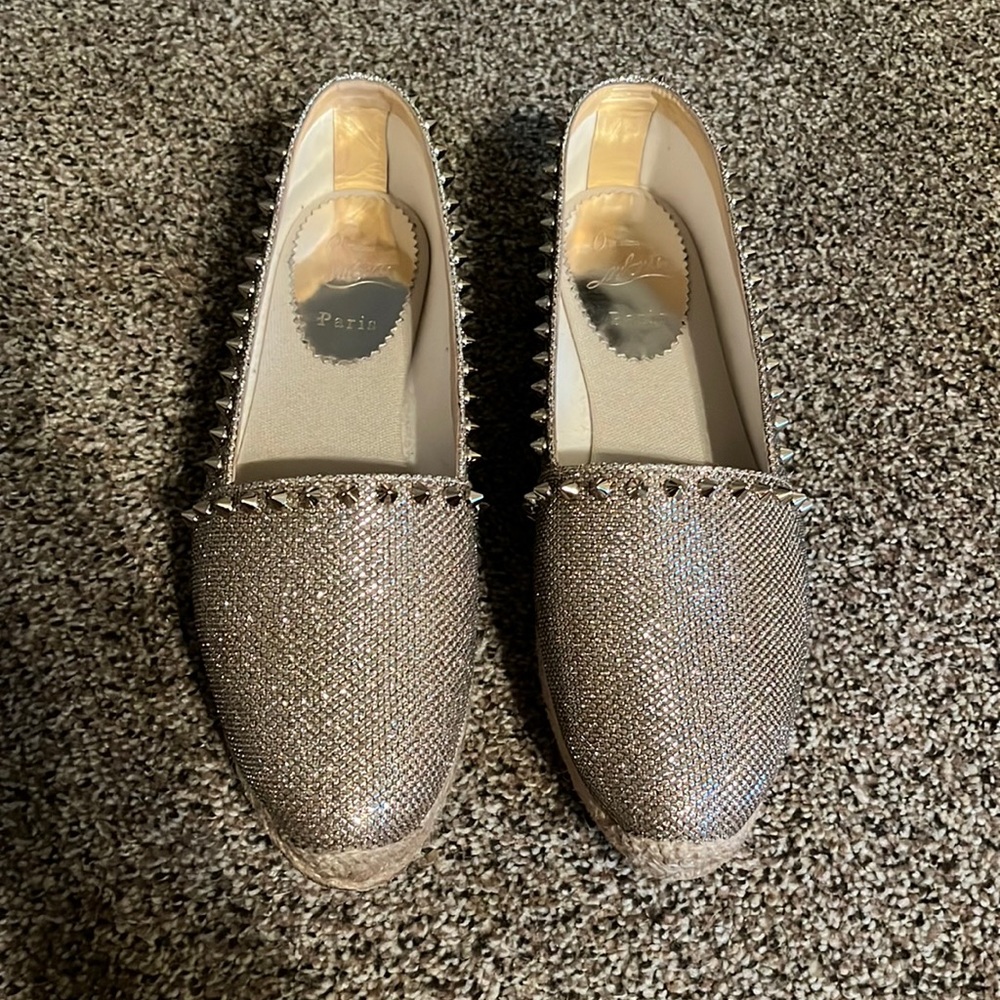 Christian Louboutin Gold Lurex Fabric Spiked Espadrille Flats Size 39
